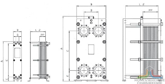 Габаритный чертёж пластинчатого теплообменника Funke FP 20X